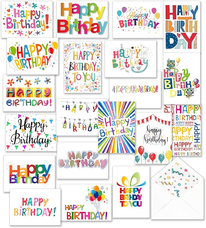 100 Happy Birthday Cards Bulk, Blank Inside with Envelopes and Stickers, – 20 Unique Bright Colorful Designs Notes, Large 5x7 Inches Folded, Thick Cardstock in a Sturdy Packaging