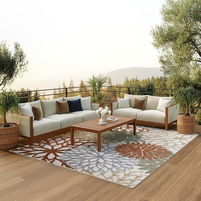 Nourison Home Aloha Indoor-Outdoor Ivory Multicolor 9' x 12' Area Rug, Easy Cleaning, Non Shedding, Bed Room, Living Room, Dining Room, Backyard, Deck, Patio (9x12)
