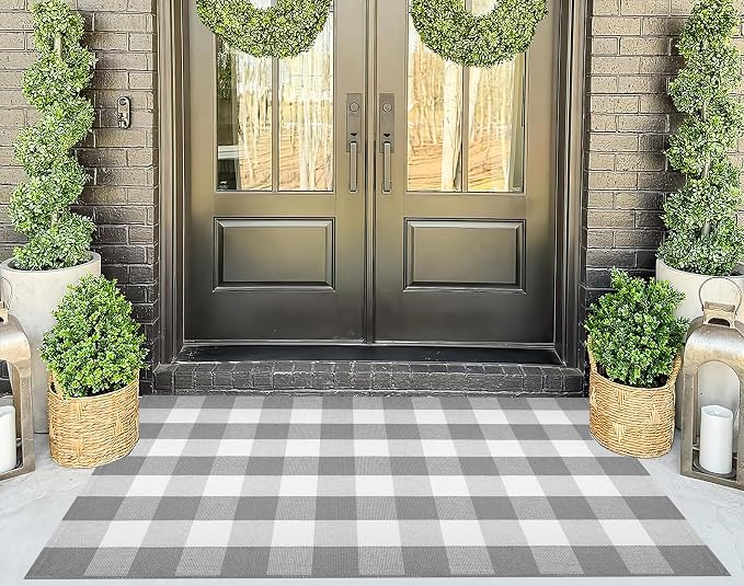 Grey and White Outdoor Rug 3'x 5' Fall Checkered Porch Rug Cotton Woven Washable Layering Door Mats for Welcome Door Mat Porch Entryway Bedroom Living Room