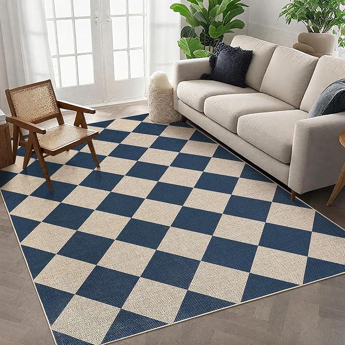 GarveeHome Easy Jute Area Rugs 6x9 for Living Room Non-Slip Backing Checkered Rugs Machine Washable Modern Indoor Outdoor Carpets for Dining Room Nursery Patio Bedroom Backyard Camping Navy Blue