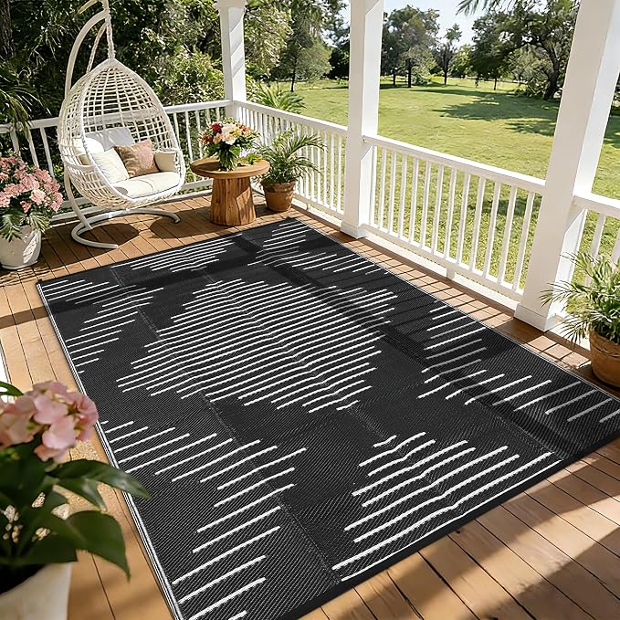 Garvee 6x9 Area Rugs Plastic Reversible Patio Rugs Outdoor Waterproof Easy-Cleaning Large Floor Mat for Outdoors Backyard Porch RV Beach Picnic Black White