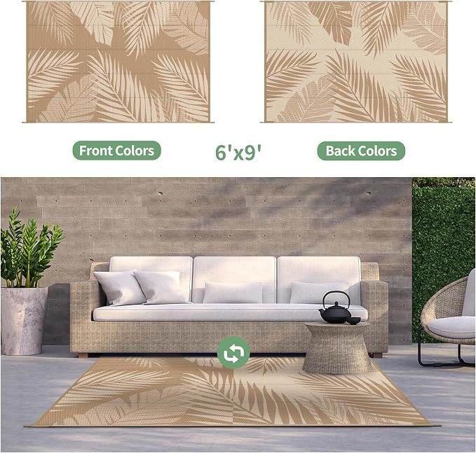 GENIMO Outdoor Rug, Waterproof Plastic Rugs for Patio, 6'x9' Brown Beige | Outside Larger Leaf Carpet Mat for Porch Decor, Deck, Balcony, Camping, RV, Backyard, Picnic, Beach, Reversible, Foldable