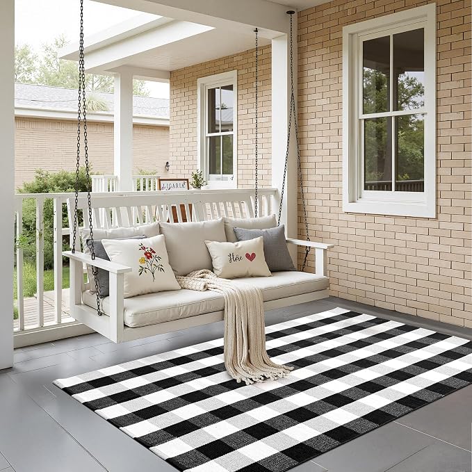 joybest Buffalo Plaid Rug 4 x 6 ft Black and White Checkered Area Rug Cotton Hand-Woven Indoor Outdoor Rugs Carpet for Patio, Living Room, Dining Room, Bedroom