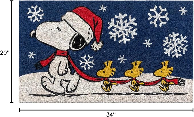 Gertmenian Peanuts Snoopy Coir Doormat - 2x3 Welcome Mat (2-Pack), Ideal for High Traffic Areas in Front Door, Garage, Entryway - Snowflake/Dog House Lights, 80004