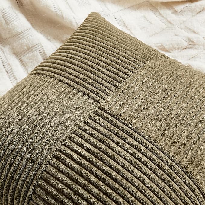 Fancy Homi 2 Packs Olive Green Decorative Throw Pillow Covers 18x18 Inch for Living Room Couch Bed Sofa, Rustic Farmhouse Boho Home Decor, Soft Corss Corduroy Patchwork Textured Cushion Case 45x45 cm