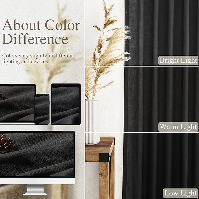 Black Linen Curtains 80 inches Long for Bedroom Back Tab Light Filtering Privacy Sheer Black Curtains Modern Farmhouse Coastal Decor Black Cotton Textured Gauze Curtain 2 Panel Set 52x80