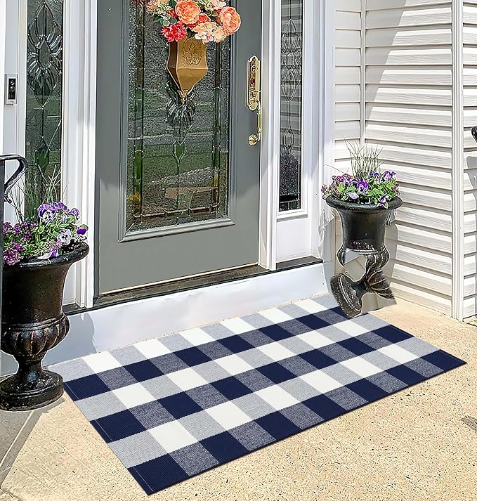 Blue and White Outdoor Rug 24''x 51''Buffalo Plaid Checkered Front Porch Rug Woven Machine Washable Farmhouse Door Mats Outdoor for Hello/Welcome Mat,Entryway,Bedroom,Patio