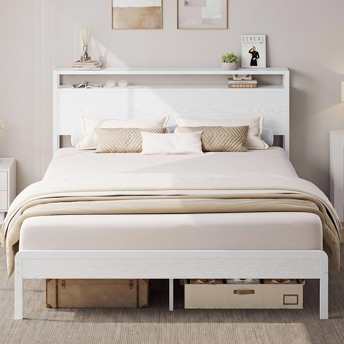 LIKIMIO Queen Bed Frame with 2-Tier Storage Shelf Headboard | Wood Platform Bed, Camas Queen with Strong Metal Supports, Sturdy, Noise-Free, No Box Spring Needed, White
