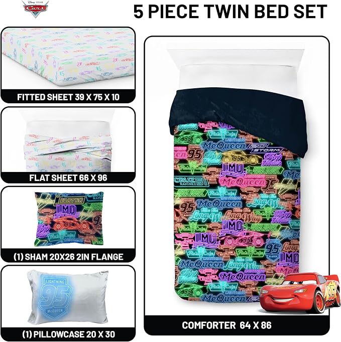 Disney Pixar Cars McQueen Twin Comforter Set 5 Piece Kids Bedding, Black | Neon Racecar, Bed in a Bag, Comforter Sheets Sham Pillowcase, Official Product, Soft Microfiber, Machine Washable, Boys Gift