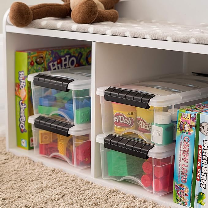 IRIS USA 3-Pack 6 Quart Storage Bins with Lids, Clear/Black | Black finish conceals stored items. Ideal for shoes, photos, documents, and small essentials. Nestable design saves space
