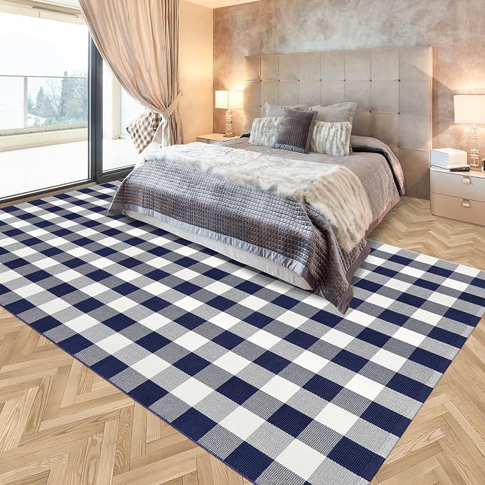 Buffalo Plaid Rug 6x9 Feet Buffalo Check Area Rug Cotton Woven Navy and White Checkered Washable Indoor Outdoor Carpet for Living Room Farmhouse Dining Bedroom Patio