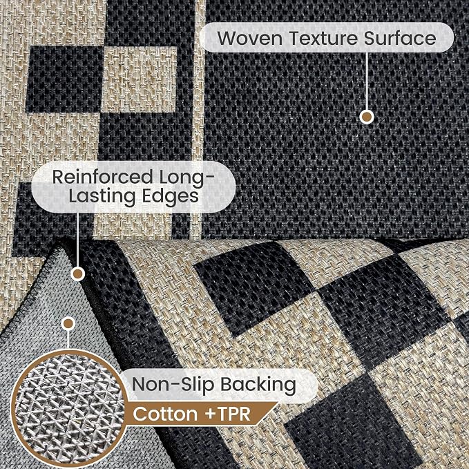 Washable Checkered Easy Jute Rug 3x5, Black Checkerboard Geometric Outdoor Indoor Patio Small Bordered Rugs, Woven Non Slip Thin Neutral Carpet Mat for Bedroom Entryway Front Door Farmhouse