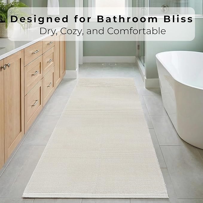 THE BEER VALLEY Woven Kitchen Runner Rug 2x6 Feet - Ivory | Non Slip Outdoor Long Entry Door Runners for Hallways, Washable Indoor Bathroom Low Profile Cream Rugs