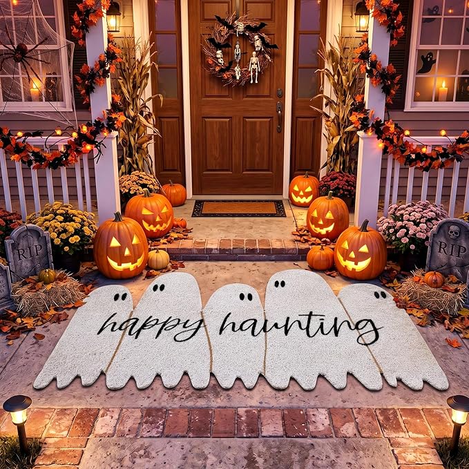 Ceenna Halloween Doormat Coir Happy Haunting Ghost Doormat Funny Ghost Door Mat Non Slip Floor Mat for Halloween Haunted House Indoor Front Door Entrance Decor, 16 x 28 Inch