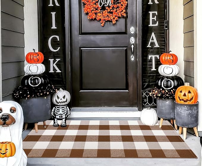 Buffalo Plaid Outdoor Rug 2'x4.3',Fall Coffee Front Porch Rug Door Mats Outdoor Farmhouse Cotton Washable for Hello Welcome Rug Layered Doormat Outdoor Entryway