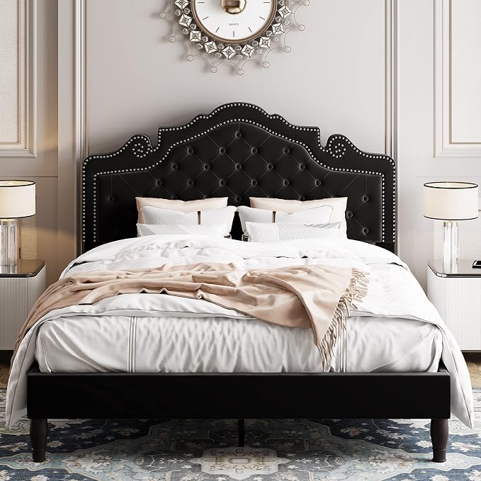 Allewie Full Size Bed Frame with Adjustable Velvet Tiara Headboard, Upholstered Diamond Button Tufted Platform Bed, Wood Slats Support, No Box Spring Needed, Black