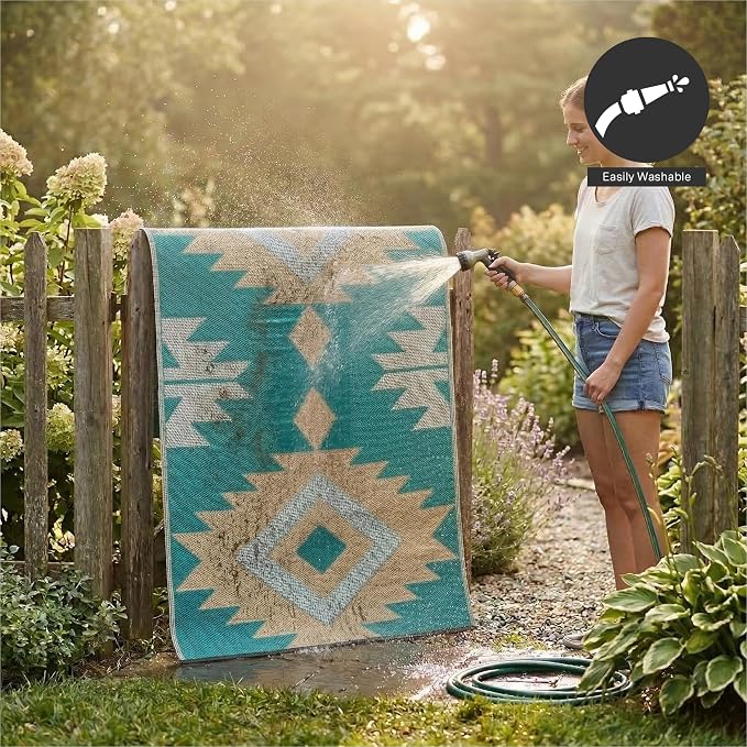 FH Home Outdoor Rug - Waterproof, Fade Resistant, Reversible - Premium Recycled Plastic - Geometric - Porch, Deck, Balcony, Mudroom, Laundry Room, Patio - Bursa Kilim - Teal Crease Free - 3 x 5 ft