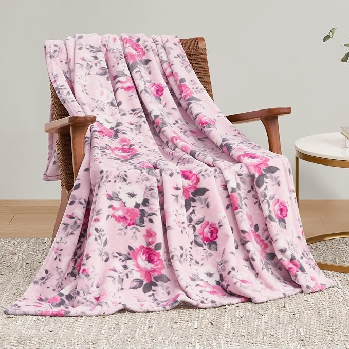 Jessica Simpson Oversized 60"X70" Plush Throw Blanket, Esther Blush Roses