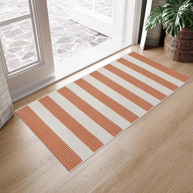 OJIA Front Door Rug 24"x51" Outdoor Door Mat Striped Porch Rug Fall Decor | Washable Front Door Mat Outside Entrance Small Area Rug Cotton Woven Carpet for Porch Kitchen Entryway Patio Orange/White