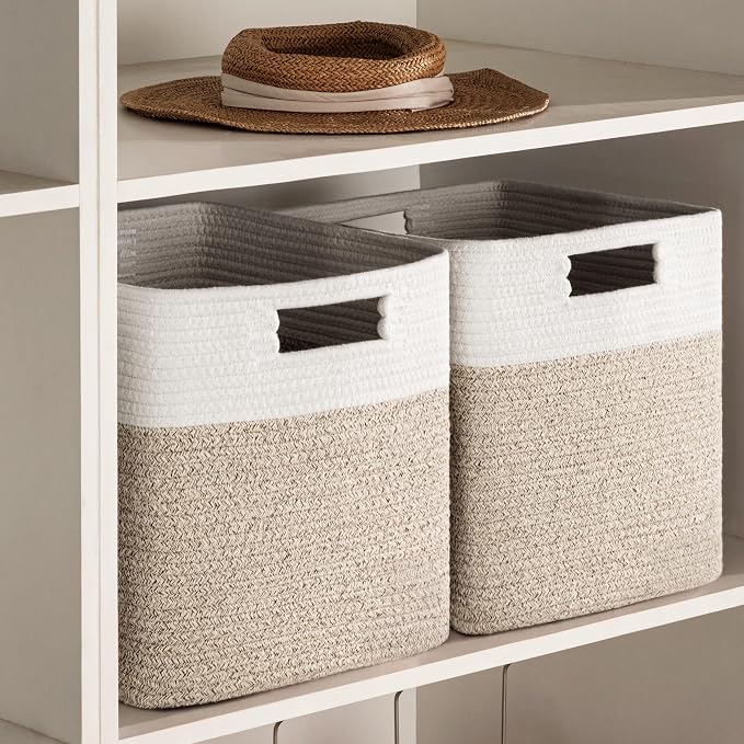 UBBCARE Set of 4 Storage Cubes-13 X 13 X 13 In, Cotton Rope Basket for Shelves, Toys, Book, Cube Storage Bin with Handles, Woven Storage Basket for Organizing, White/Brown