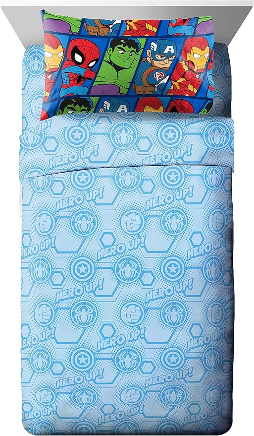 Marvel Avengers Toddler Size Comforter Set 4 Piece Kids Bedding, Blue | Spiderman Superhero, Comforter Sheets Pillowcase, Official Product, Soft Microfiber, Machine Washable, Easy Care, Boys Gift