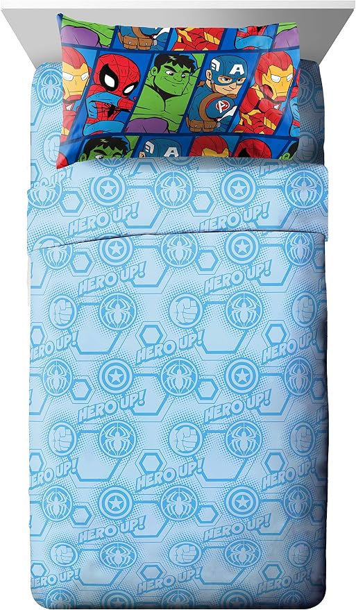 Marvel Avengers Twin Comforter Set 4 Piece Kids Bedding for Boys, Blue | Spiderman Superhero, Comforter Sheets Pillowcase, Official Product, Soft Microfiber, Machine Washable, Easy Care, Boys Gift
