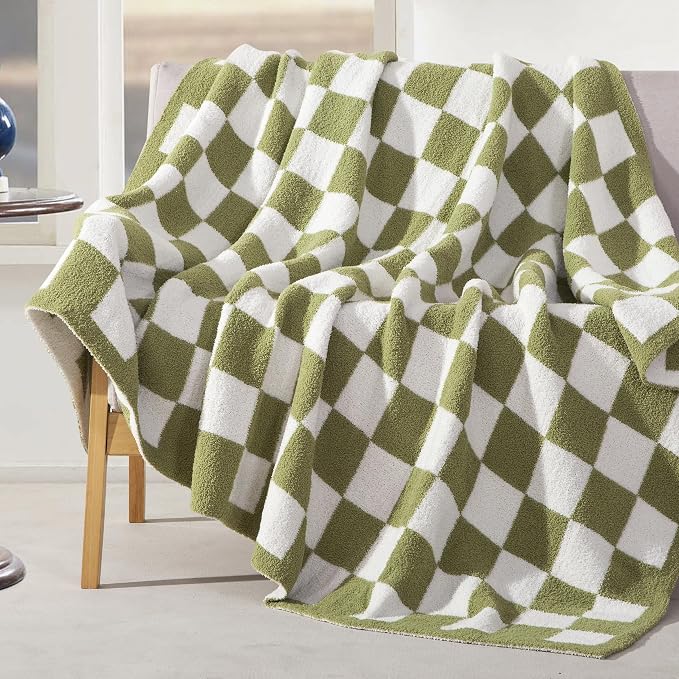 Elegant Comfort Checkered Throw Blanket, Sage Green Super Soft Cozy Fluffy Warm Throw Blankets for Couch, Sofa, Chair, Bed, Camping, Picnic, Travel Lightweight Bed Blanket (50" x 70")