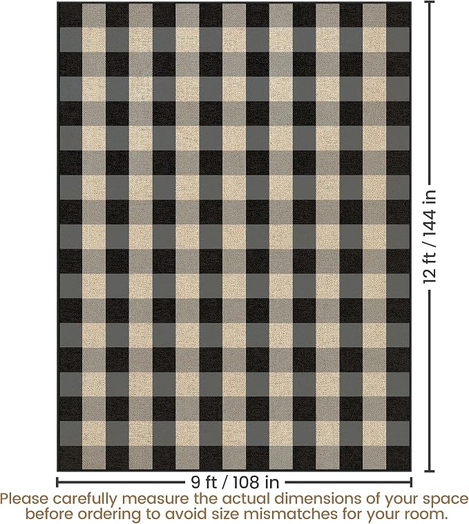 Washable Checkered Easy Jute Rug 9x12, Black Plaid Checkerboard Geometric Modern Outdoor Indoor Patio Large Rug, Woven Thin Carpet Mat for Living Dining Play Room Bedroom Classroom Kid Nursery