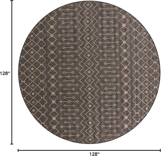 Unique Loom Outdoor Trellis Collection Area Rug - Tribal Trellis (10' 8" Round, Charcoal Gray/ Natural)