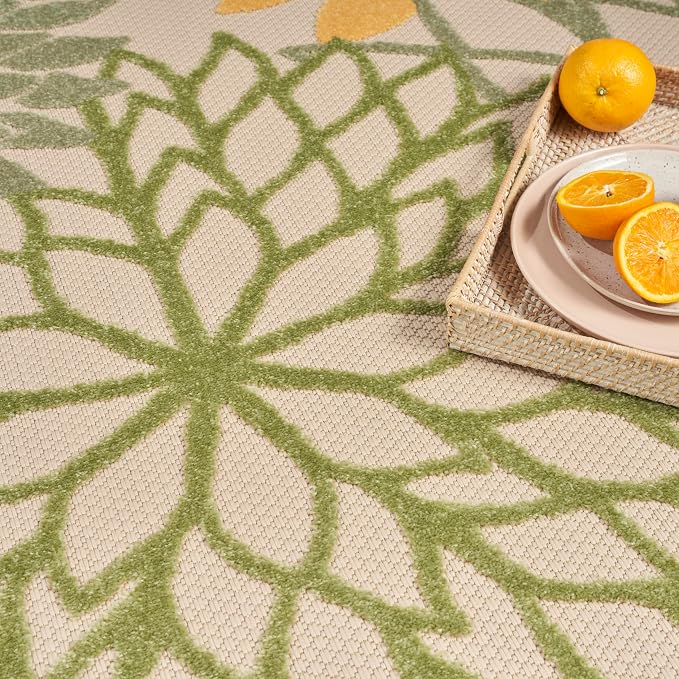 Nourison Home Aloha Indoor/Outdoor Green Multicolor 7'10" x Round Area Rug, Easy-Cleaning, Non Shedding, Bed Room, Living Room, Dining Room, Backyard, Patio, Deck (8 Round)