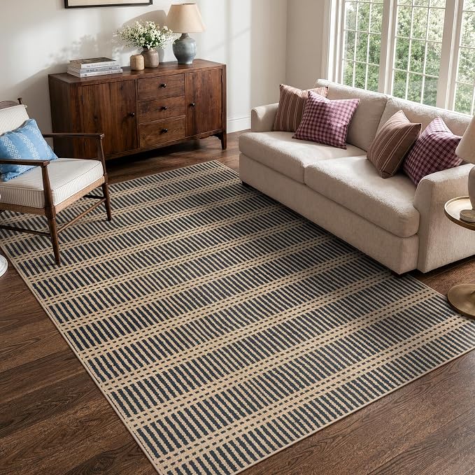 LIVEBOX Striped Easy Jute 5x7 Outdoor Rug, Black Washable Rugs for Patio Living Room, Indoor Outdoor Non Slip Area Rug for Bedroom, Farmhouse Neutral Carpet Floor Mat for Dining Room Backyard Deck
