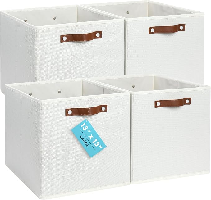 OrganiHaus 13x13 Cube Storage Bins, Set of 4 - Fabric Storage Cubes | Sturdy, holds its shape; odor-free; fits IKEA Kallax and Expedit; vegan leather handles