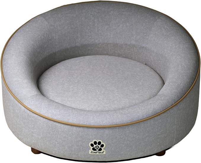 Human & Pet Shared Round Dog Bed, High Resilience Foam with Solid Pine Leg Frame, Indoor Pet Furniture(Light Grey)