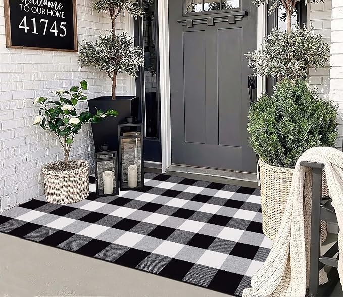 3'x 5' Outdoor Rug,Black and White Porch Rug Cotton Woven Washable Layered Doormat for Welcome Door Mat Porch Entryway Bedroom Living Room