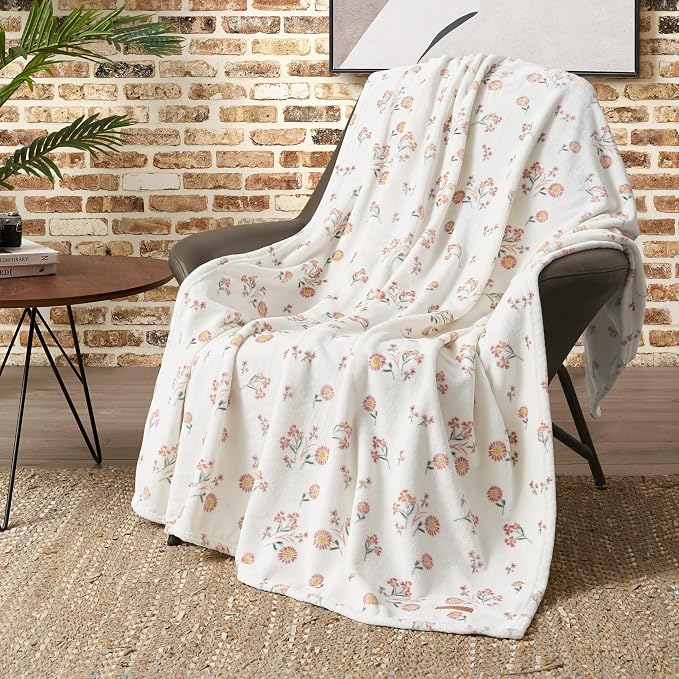 Lucky Brand Daisy Ivory Floral 50"X70" Cozy Plush Blanket - Premium Microfiber Throw for Luxurious Comfort and Style