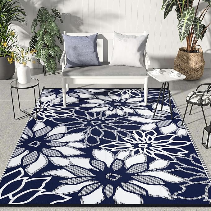 GENIMO Outdoor Rug, Waterproof Plastic Rugs for Patio, 5'x8' Ocean White | Outside Larger Leaf Carpet Mat for Porch Decor, Deck, Balcony, Camping, RV, Backyard, Picnic, Beach, Reversible, Foldable