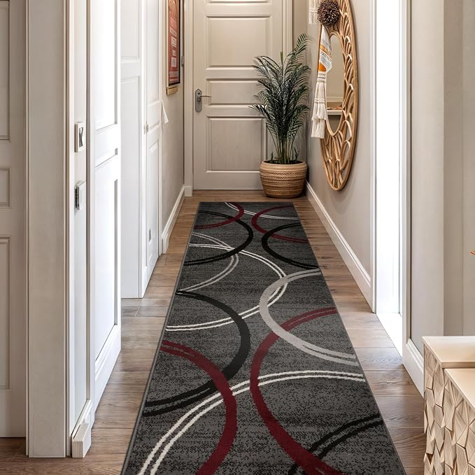Rugshop Wavy Circles Modern Non-Shedding Runner Rug Red 2'7" x 10' | Rectangular, Size 2'7" x 10', Living Room, Bedroom, Dining Room, Home Office, Kitchen, Entryway, Hallway, Nursery, Kids Room