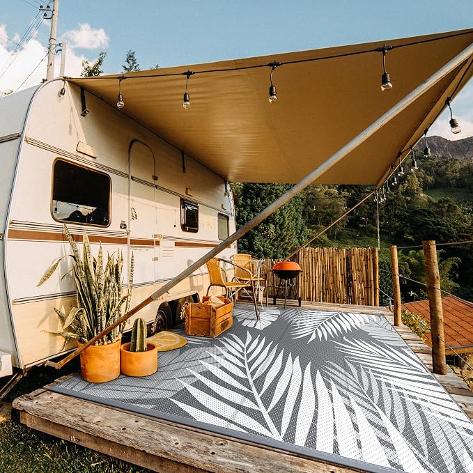 GENIMO Outdoor Rug, Waterproof Plastic Rugs for Patio, 10'x10' Grey White | Outside Larger Leaf Carpet Mat for Porch Decor, Deck, Camping, RV, Backyard, Balcony, Picnic, Beach, Reversible, Foldable