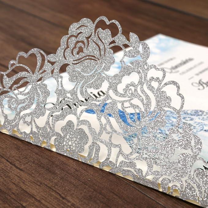 DORIS HOME Laser Cut Quinceanera Invitation Pockets, Silver Glitter, 5"x7" | 50pcs, With Envelopes, For Birthday, Miss 15, Sweet 16, No Inserts Included