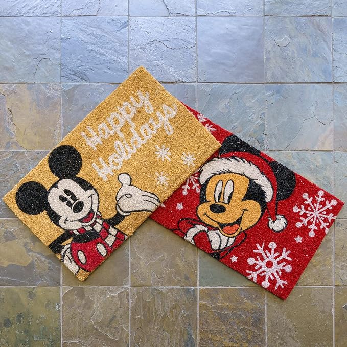 Gertmenian Disney Mickey Mouse Coir Doormat - 2x3 Welcome Mat (2-Pack), Ideal for High Traffic Areas in Front Door, Garage, Entryway - Mickey Happy Holidays/Snowflake, 46646