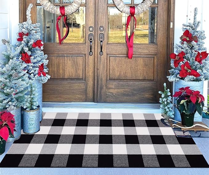 Buffalo Plaid Front Porch Rug 24''x 51''Black and White Checkered Outdoor Rug Cotton Machine Washable Farmhouse Mat for Outdoor, Kitchen, Farmhouse, Entryway,Bathroom