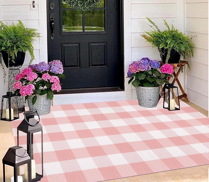 Pink and White Buffalo Plaid Rug 3'x5'Checkered Outdoor Rug Farmhouse Front Porch Rug Machine Washable Front Door Mat Outdoor for Hello Welcome Mat,Bedroom,Entryway,Patio