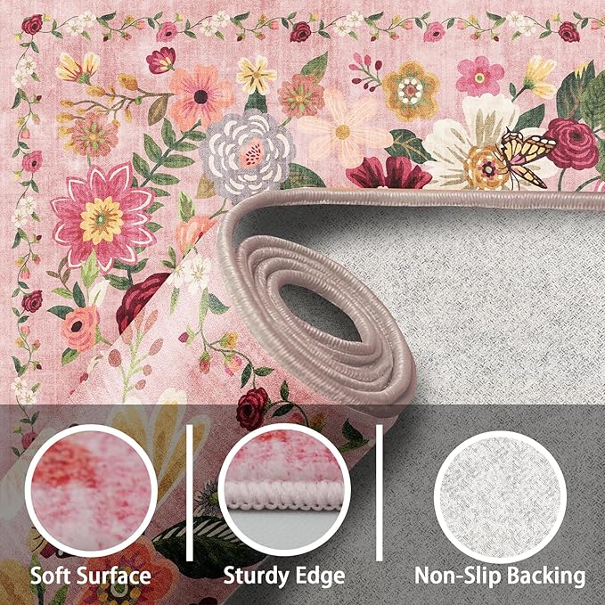 Pink Floral Rug for Entryway, 2X3 Washable Kitchen Mat Ultra-Thin Soft, Non-Slip Indoor Door Carpet Stain Resistant Boho Small Low-Pile Throw for Bathroom Bedroom (2 x 3, Pink Garden)