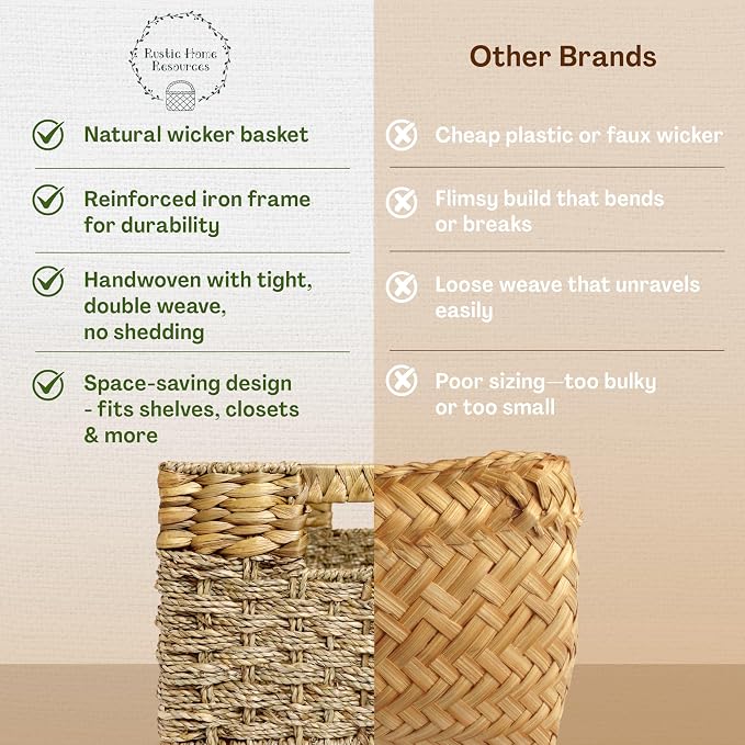 Large Wicker Storage Baskets with Handles, 17 x 11 x 7.5 Inches | Natural Seagrass and Hyacinth, Woven Storage Basket, For Organizing Shelves, Closet, Pantry, Living Room