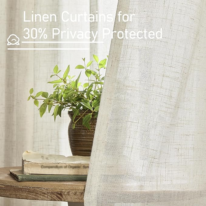 LAMIT 45 Inch Short Window Linen Curtains, Light Filtering Panels Back Tab and Rod Pocket Neutral Drapes for Cafe/Bathroom/Loft Room, Natural, 2 Panels, 34 x 45 Inch