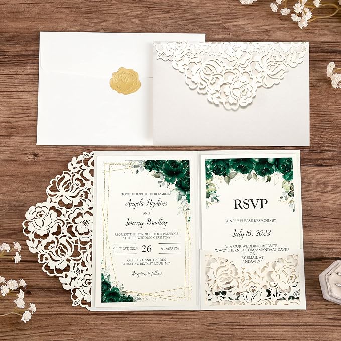 DORIS HOME 50Pcs Personalized Laser Cut Wedding Invitations, Ivory | 4.7"x7.1", Customized Anniversary Invitations, With Envelopes