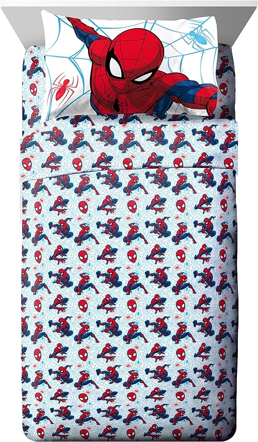 Marvel Spiderman Twin Comforter Set 5 Piece Kids Bedding for Boys, Blue | Bed in a Bag, Comforter Sheets Sham Pillowcase, Official Brand, Soft Microfiber, Machine Washable, Easy Care, Boys Gift