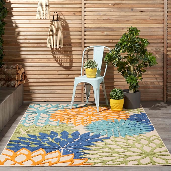 Nourison Home Aloha Indoor/Outdoor Multicolor 6' x 9' Area Rug, Easy Cleaning, Non Shedding, Bed Room, Living Room, Dining Room, Deck, Backyard, Patio (6x9)