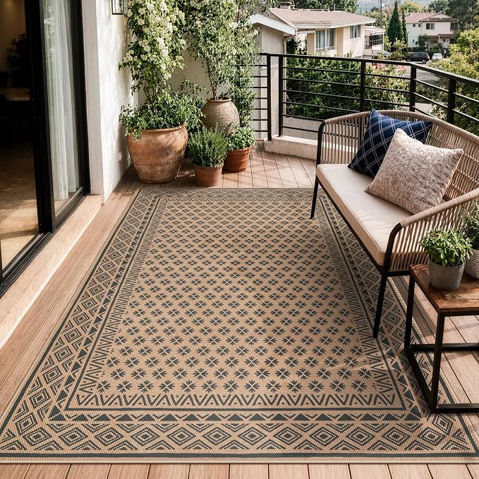 LIVEBOX Easy Jute Indoor Outdoor Rug 5x7, Black Washable Rugs for Living Room Bedroom, Non Slip Outdoor Area Rug for Patio Backyard, Farmhouse Neutral Carpet Floor Mat for Dining Room Deck Porch