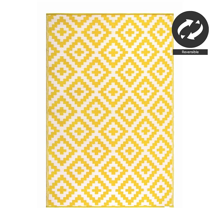 FH Home Outdoor Camping Rug - Waterproof, Fade Resistant, Reversible - Premium Recycled Plastic - Geometric - Patio, Deck, Sunroom, RV - Aztec - Yellow & White - 5 x 8 ft Foldable
